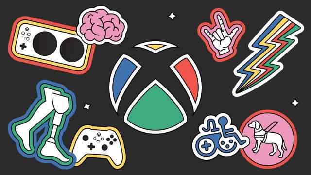 The Xbox sphere sits on a black backdrop surrounded by the following icons: the Xbox Adaptive Controller, a brain, the American Sign Language sign for I Love You, a lightning bolt, a wheelchair, a seeing eye dog, prosthetic legs, and the original Xbox controller." 