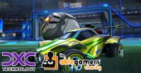AbleGamers Brazil & DXC Launch Video Game Tournament Rocket League background with green and goldcar along the bottom is the DXC Technology logo and the AbleGamers Charity logo