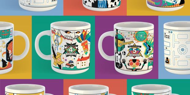 an image showing the front and back of all 5 years of our Level Up series mugs, Join Level Up become a sustaining donor