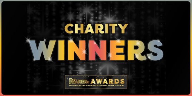black background the words CHARITY WINNERS in block font that fades from blue to gold to red. the GameHers logo is in gold below