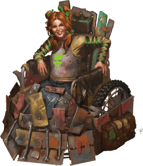 Rocket Rose from Dystopia Rising: Evolution. She is sitting in a wheelchair-like device that’s plated with rusted metal panels on almost all sides, and a leather satchel on the armor plates next to her left wheel.