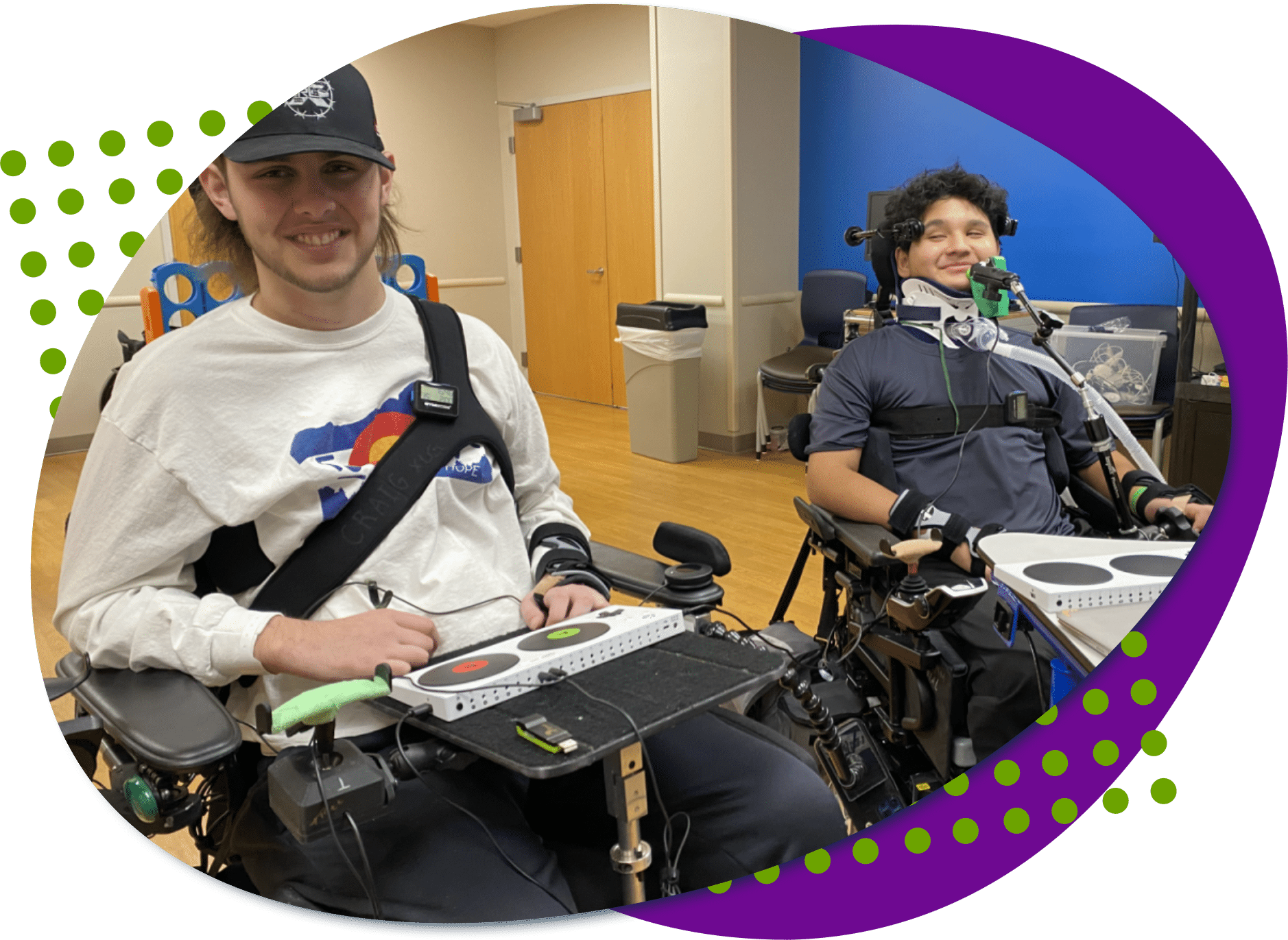 cameron and bo Two teen boys, are both using wheelchairs. They are getting set up with adaptive gaming controllers to play video games together