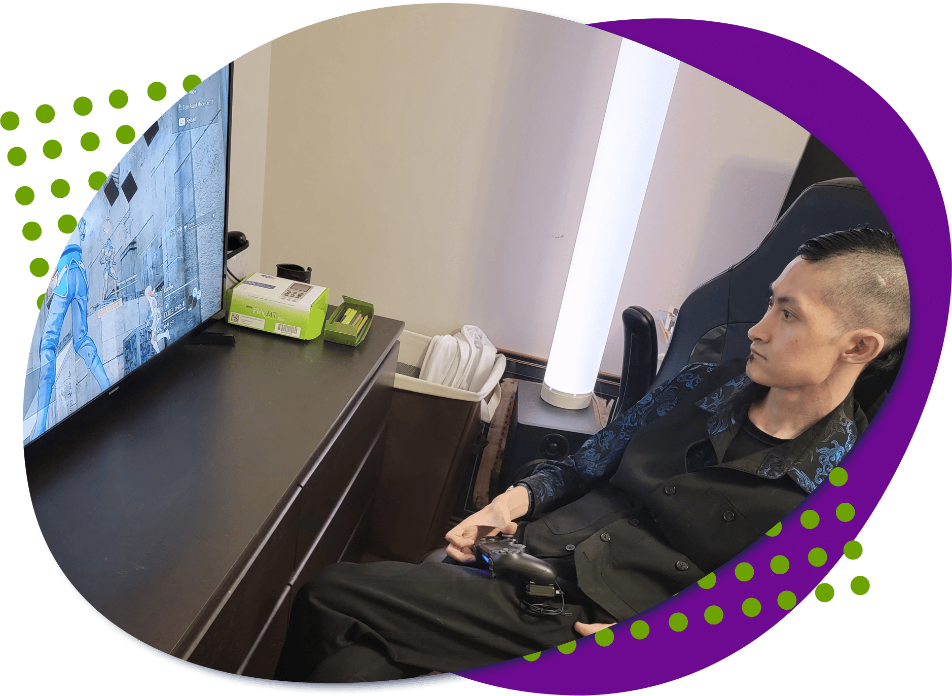 Eagle large stack Eagle playing a video game with his custom controller.