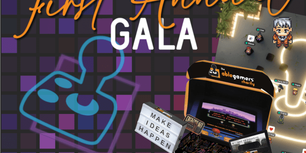 Text that says 'AbleGamers First Annua Gala' on a background made up of various shades of purple squares and a neon colored AbleGamers controller logo. On the right side is an image of the virtual gala space and a graphic of the Classic Gala-In-A-Box with some of the items coming out. At the bottom are sponsor logos from left to right is logitech G, Streamlabs, Voodoo Ranger, Powered by Twitch and World of Warships