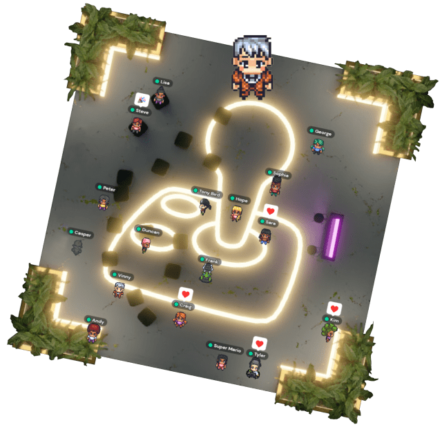 A neon AbleGamers joystick with pixelated characters standing around.