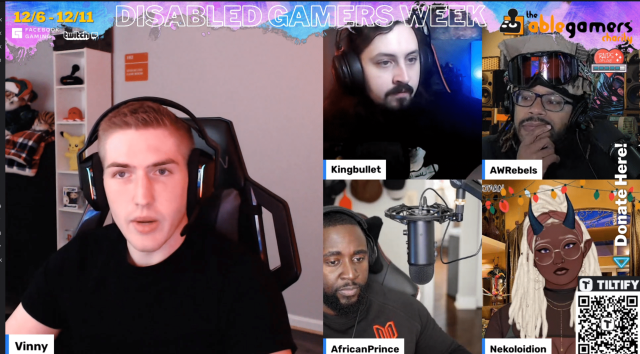 Screen shot from a Twitch stream showing 5 people on screen talking.