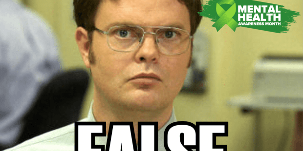 Meme style graphic with Dwight Schrute from the office in the background at the top "VIdeo games are bad for your mental " at the bottom it says FALSE "Playing video games can have numerous benefits to your mental health"