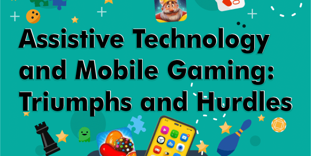 a cartoon style graphic with puzzle pieces, chess pieces, playing cards, mobile app icons, two hands holding a tablet