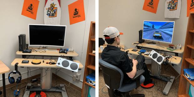your impact at work - two pictures-left picture is a desk with several assistive devices, switches controllers to play video games and a tv screen. Right picture is of the same desk and controllers but a young person age 15 is sitting in a chair play a video game