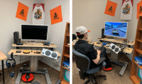 your impact at work - two pictures-left picture is a desk with several assistive devices, switches controllers to play video games and a tv screen. Right picture is of the same desk and controllers but a young person age 15 is sitting in a chair play a video game