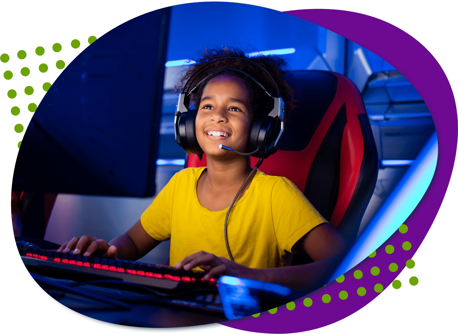 playing video game stack A child wearing a gaming headset sitting in a gaming chair in front of a computer screen playing summer video games.