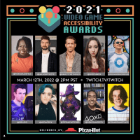 photo collage of the video game accessibility awards presenters. Top row left to right: @THATJAYJUSTICE, @JACKSEPTICEYE, @VANCITYREYNOLDS, @SWEETANITA, @NOHANDSNOEXCUSE. Bottom row left to right: @DRLUPO, @NEGAORYX, @TIFFANYWITCHER, @DEAFGAMERSTV, @CRANKGAMEPLAYS