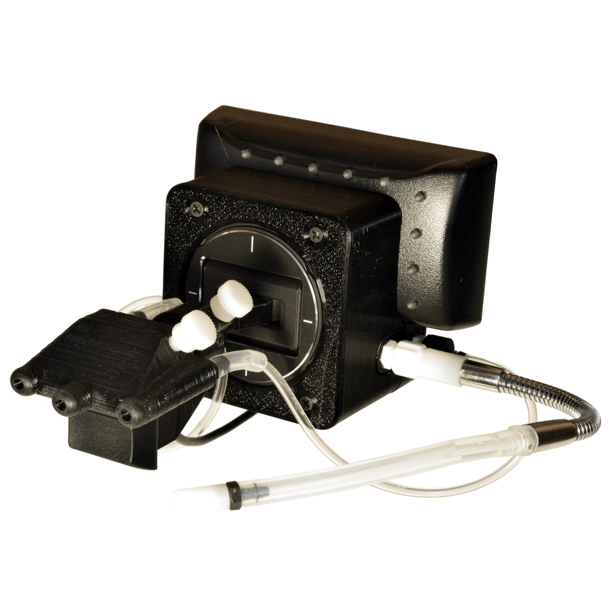 A closeup of the Quadstick FPS. There are three sip n puff holes, a sip n puff straw, and a lip switch.