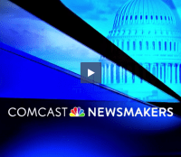 photo of the United States Capitol building with a blue filter to make the photo look light blue. Under the photo is written COMCAST the NBC yellow, orange, red, purple, blue, green peacock logo and NEWSMAKERS