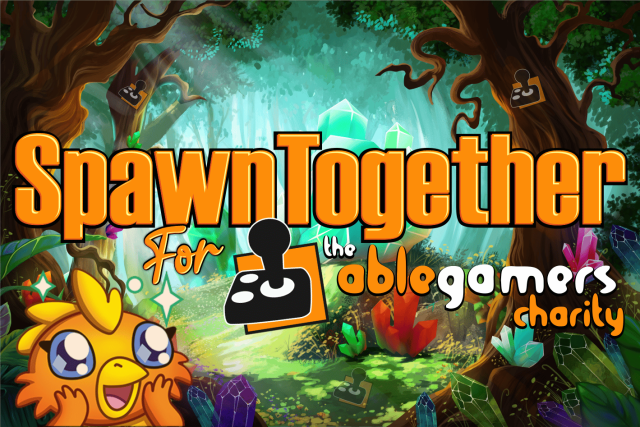 text that says SpawnTogether on a cartoon forest background. The AbleGamers Charity logo under the text and Steve Spohn's cartoon chicken character in the bottom left corner