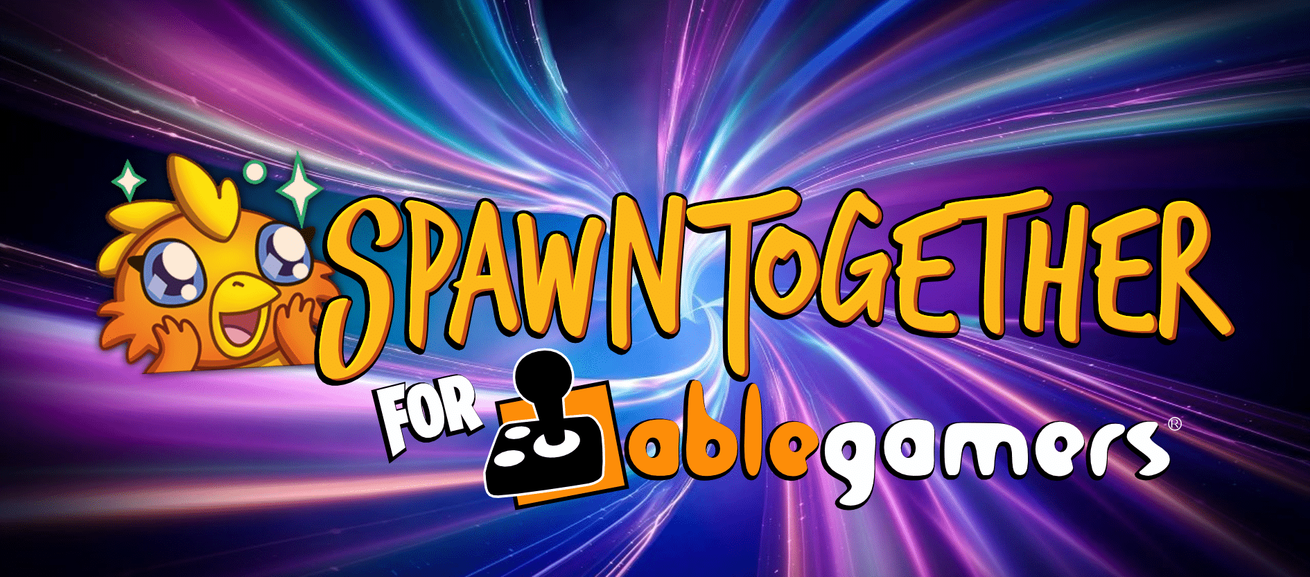 a colorful swirl background, Steven Spohn's cartoon chicken character and text that says 'SpawnTogether for AbleGamers'