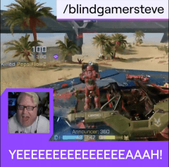 Screenshot from a Twitch stream, this shows Steve Saylor in the bottom corner who is being qouted screaming "YEAH!" after getting an elimination in Halo.