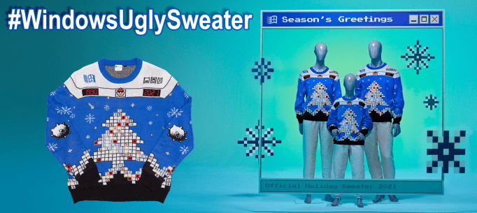 Microsoft Ugly Sweater ad, the sweater is ugly sweater themed with a tree made out of the board of the game Minesweeper.